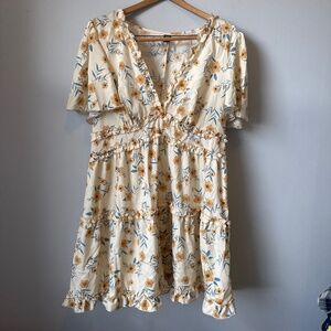 Sheen curve floral ruffle dress with flutter sleeve